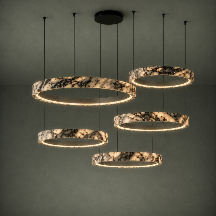 Modern Multi Ring Chandelier Pendant Light Adjustable Natural Marble Integrated LED Illumination
