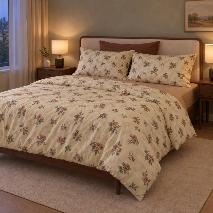 Vintage Floral Bedding Set Duvet Cover and Pillowcases Washed Cotton Breathable Durable