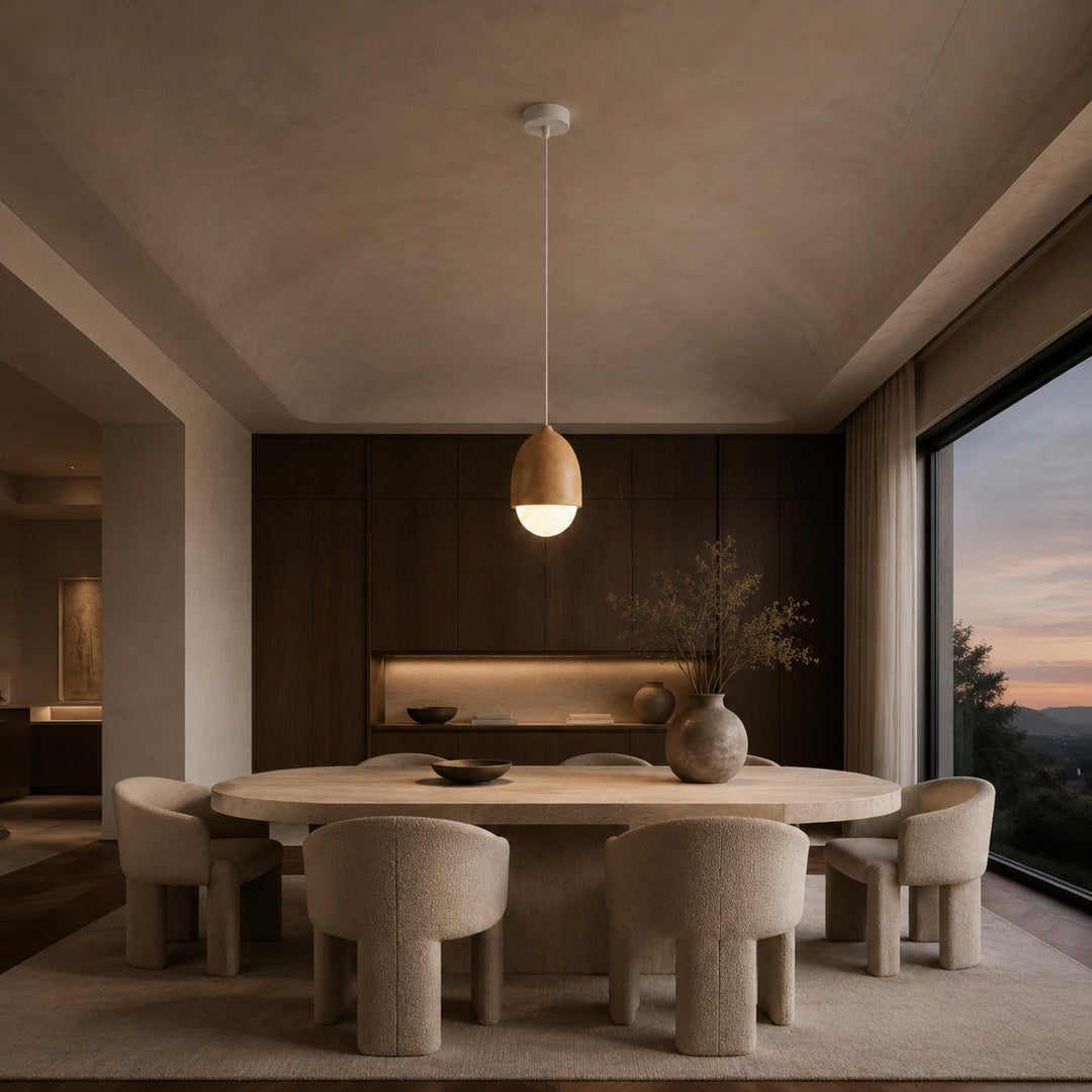 Modern Pendant Light Adjustable Hanging Fixture Wood Look Frosted Glass LED for Kitchen Island
