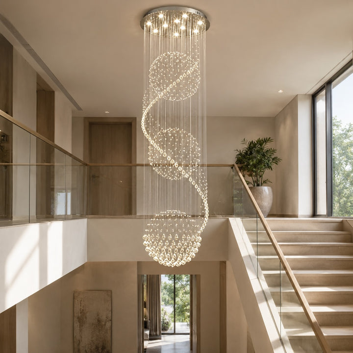 Modern Spiral Chandelier Three Sphere Design Adjustable K9 Crystal Hanging Light Fixture