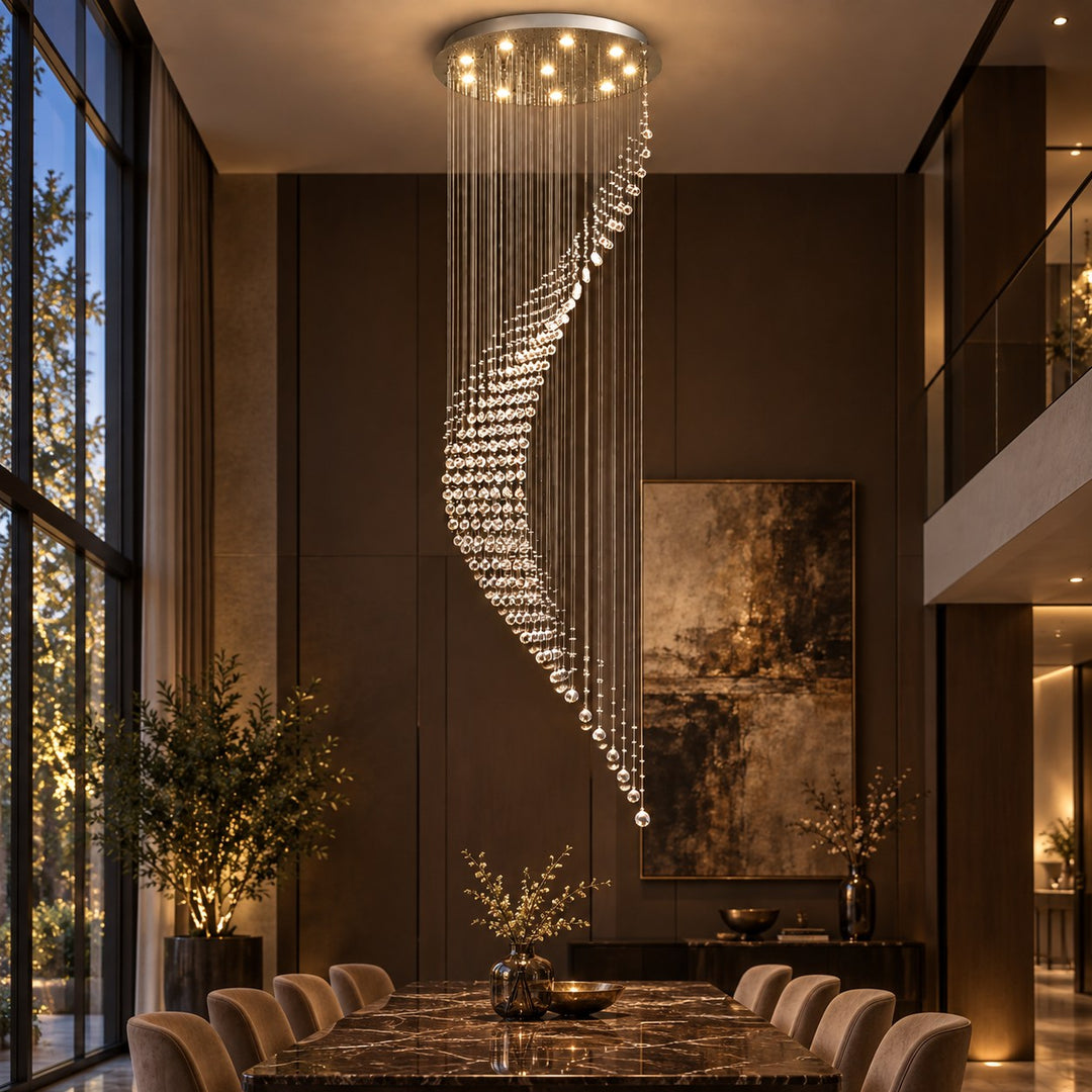 Modern Spiral Crystal Chandelier Adjustable Height Metal Frame 6 to 15 Bulbs for Foyer