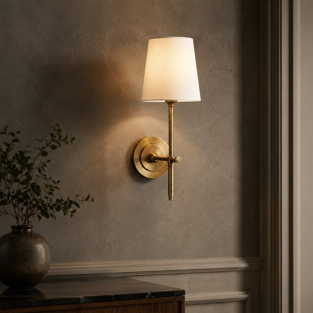 Modern Brass Wall Sconce Wall Mounted Tapered Fabric Shade LED Compatible Indoor Light
