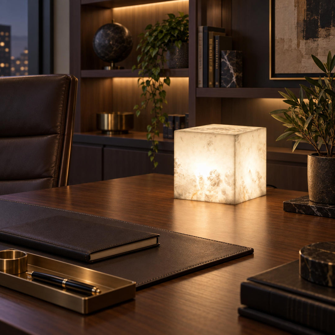 Modern Alabaster Table Lamp Cube Design LED Light for Bedroom or Desk Use