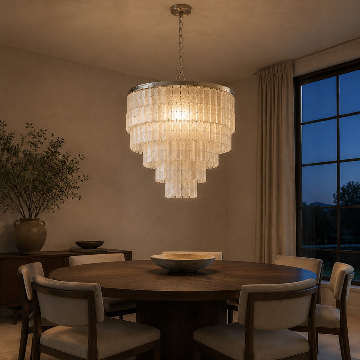 Coastal Style Chandelier Light Pendant with Adjustable Metal Frame and Natural Shell Panels for Soft Illumination