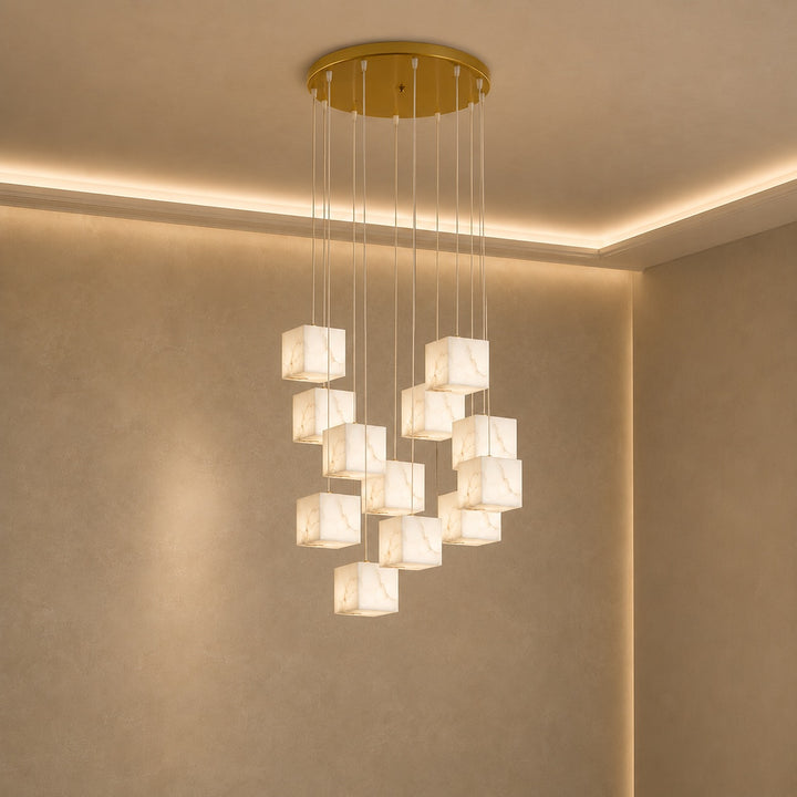 Modern Alabaster Box Pendant Light Hanging Fixture with LED Compatibility and Adjustable Height