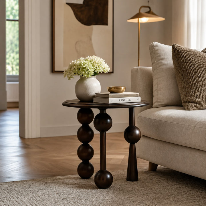 French Retro Style Round Side Table Solid Wood Compact Design for Living Room or Bedroom
