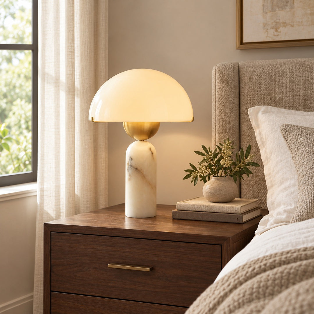 Modern Adjustable Table Lamp with Alabaster Shade and LED Compatibility for Bedroom or Desk Use