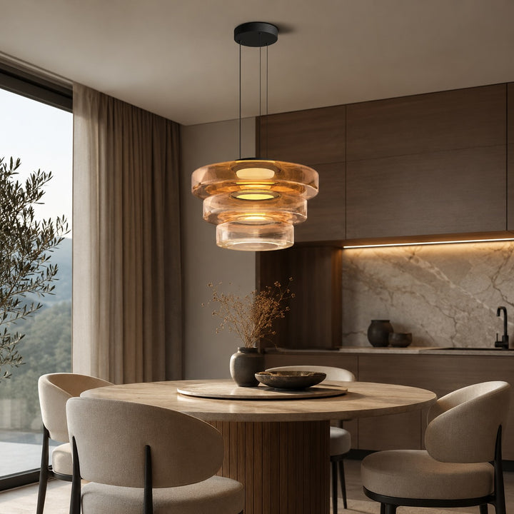 Modern Glass Pendant Light Hanging Fixture with Adjustable Height Dimmable LED and Iron Finish
