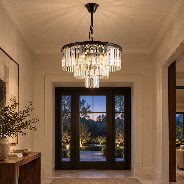 Modern Crystal Chandelier 3-Tier Hanging Light Fixture Black Metal Frame E12 LED Compatible