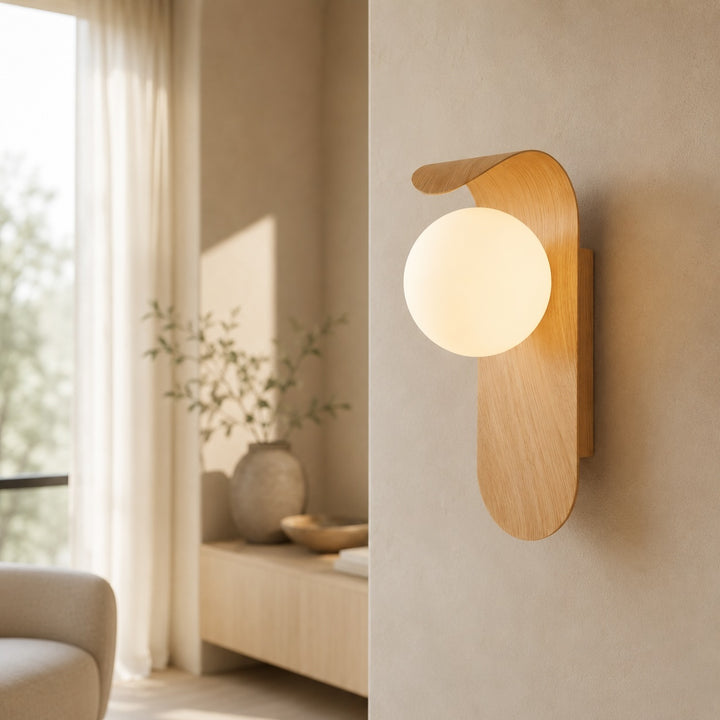Modern Wall Light Wood Sconce with Opal Glass Shade Dimmable Hardwired for Elegant Interiors
