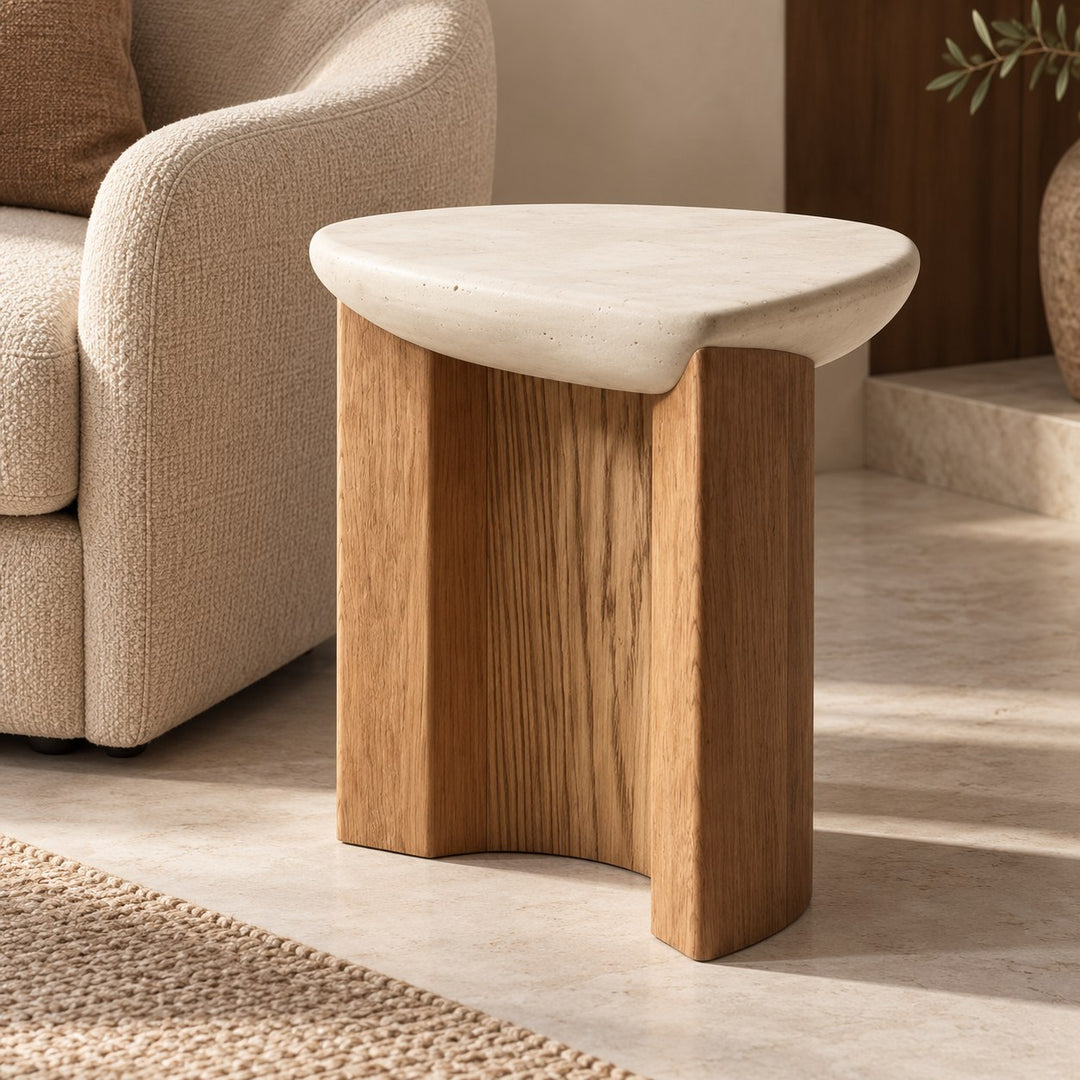 Modern Side Table Irregular Round Shape Solid Wood and Travertine Stone for Contemporary Interiors