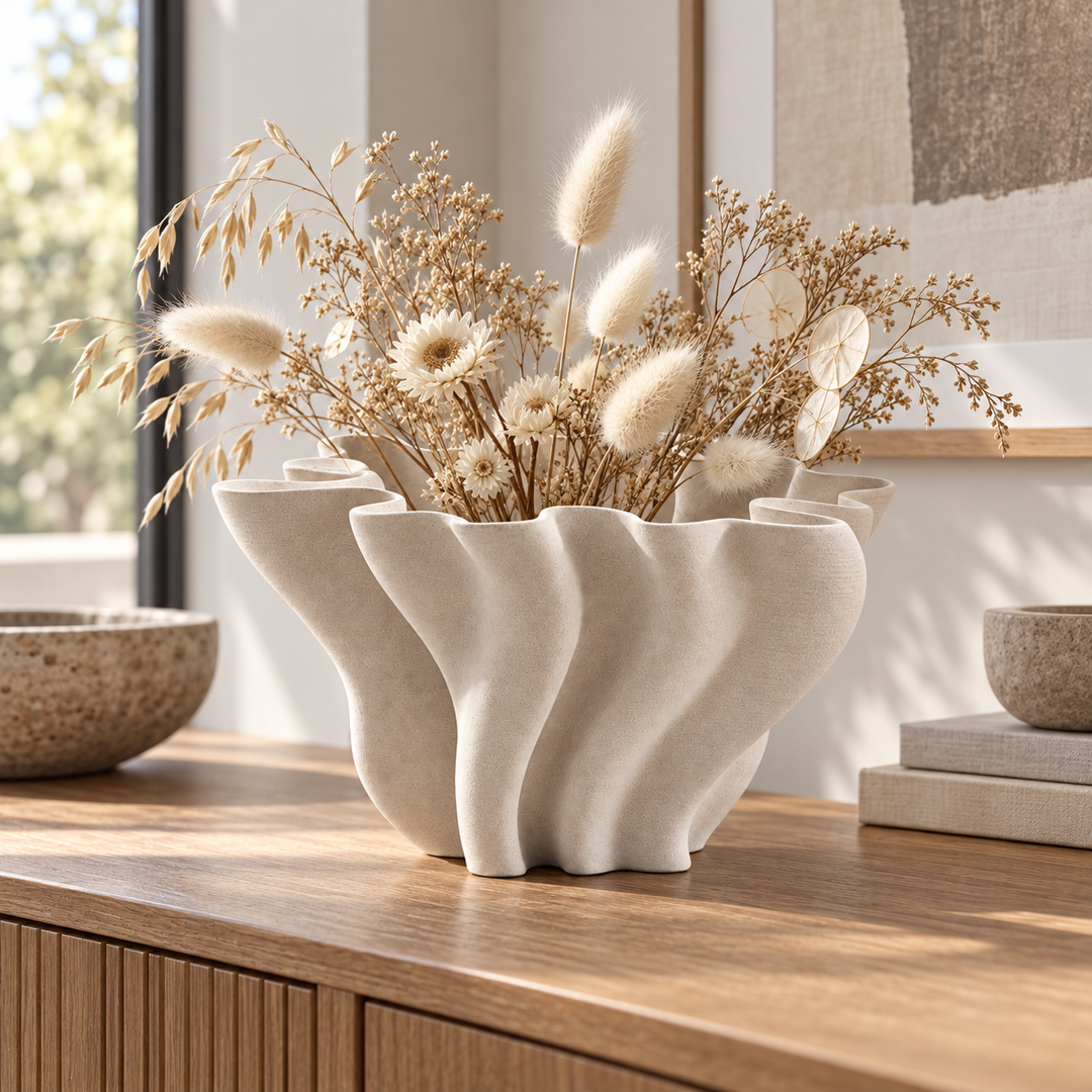 Modern Sculptural Vase 3D Printed Fluted Design White Decorative Bowl 24 cm