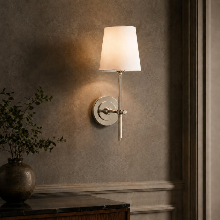 Modern Brass Wall Sconce Wall Mounted Tapered Fabric Shade LED Compatible Indoor Light