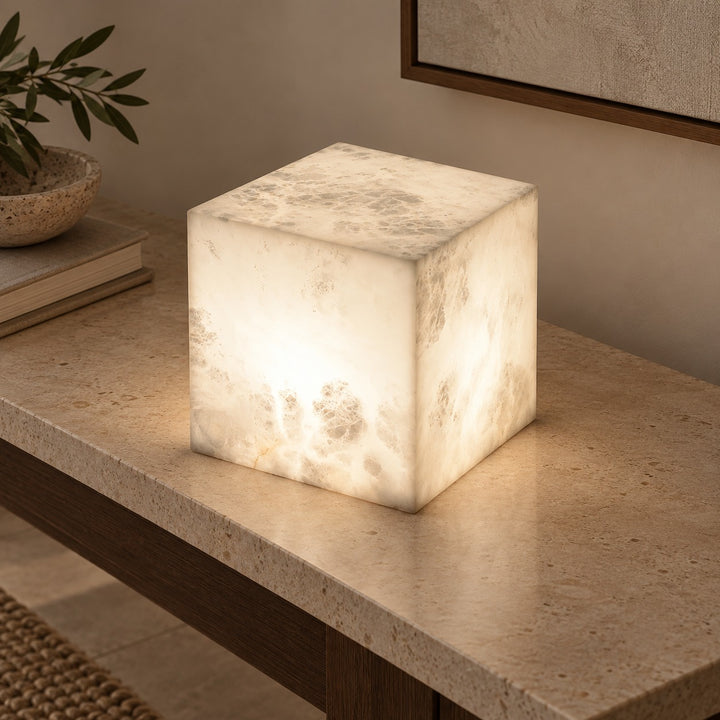 Modern Alabaster Table Lamp Cube Design LED Light for Bedroom or Desk Use
