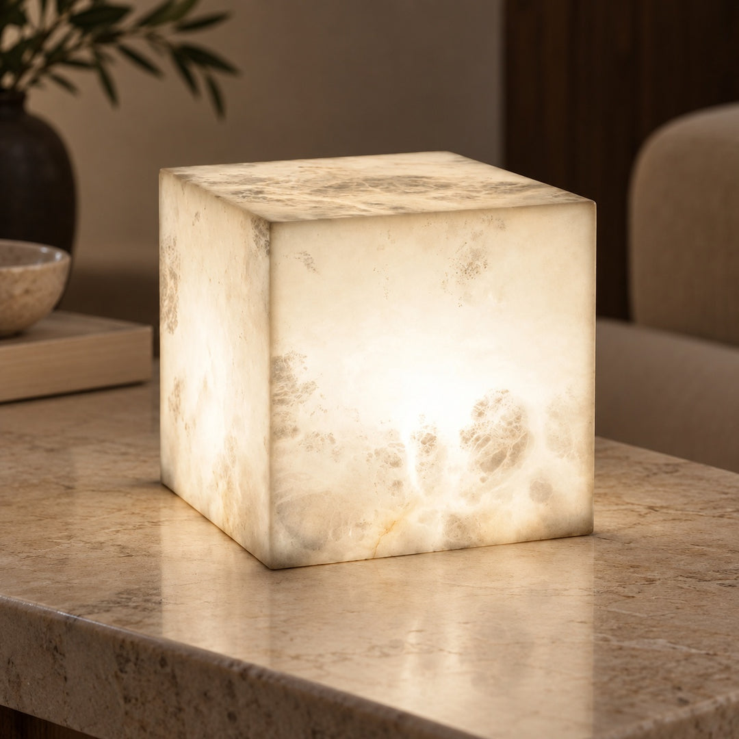 Modern Alabaster Table Lamp Cube Design LED Light for Bedroom or Desk Use