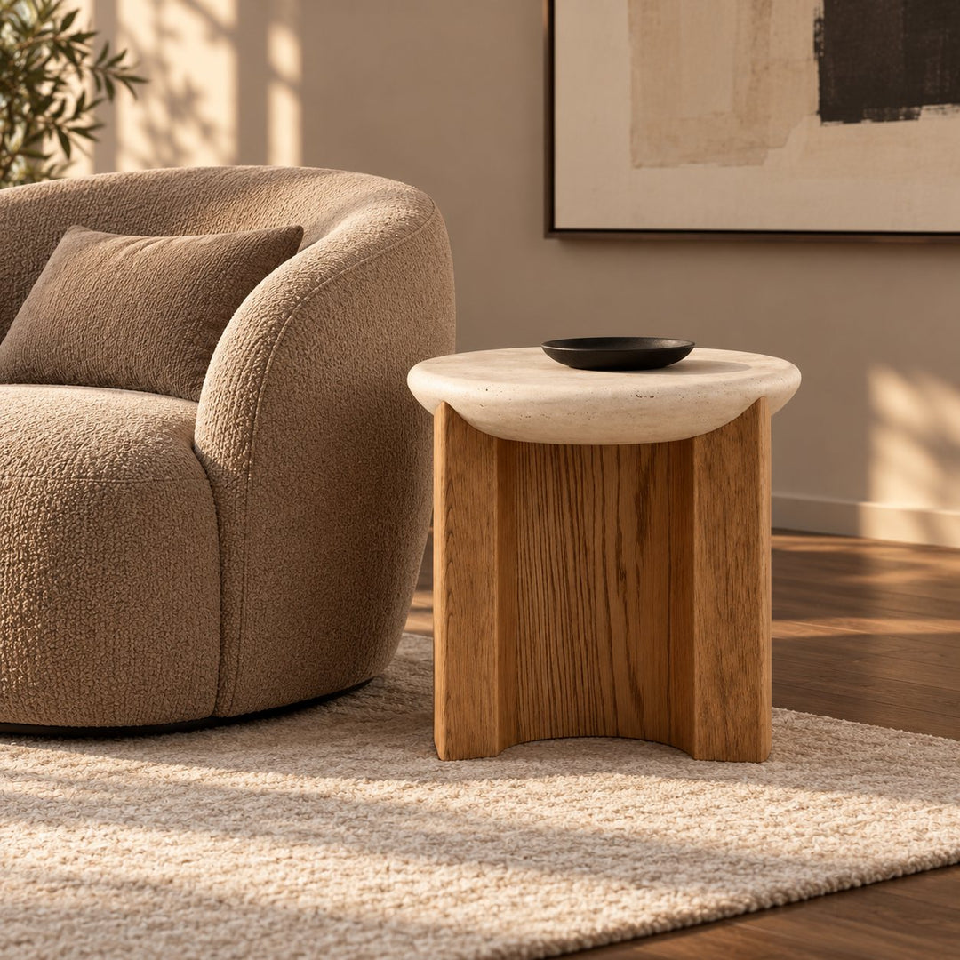 Modern Side Table Irregular Round Shape Solid Wood and Travertine Stone for Contemporary Interiors