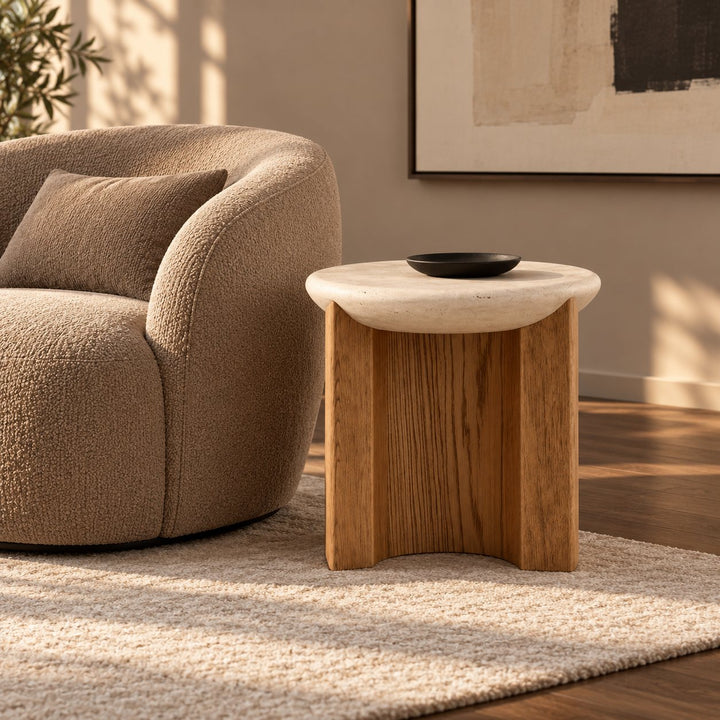Modern Side Table Irregular Round Shape Solid Wood and Travertine Stone for Contemporary Interiors