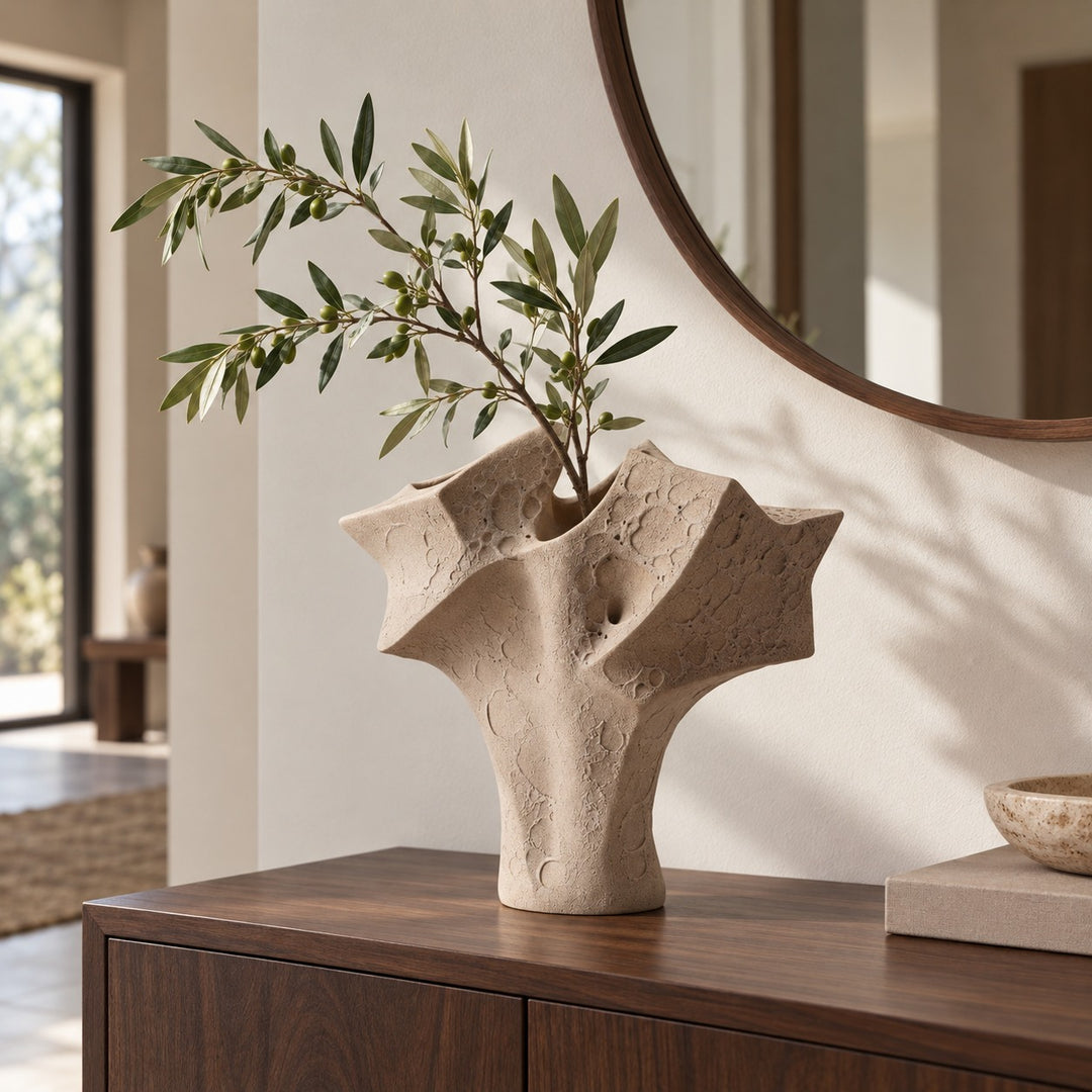 Organic Textured Ceramic Vase Large Sculptural Form 39 cm Neutral Sand Finish