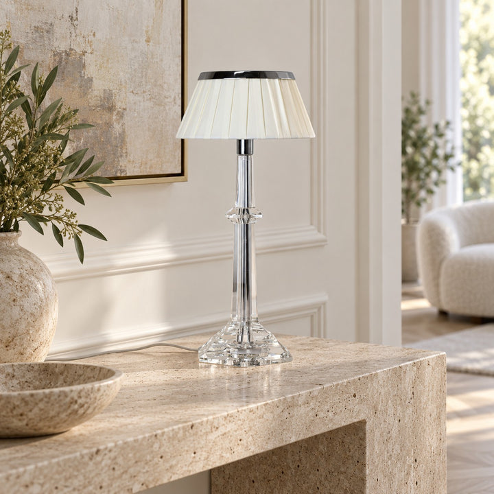 Modern Table Lamp Adjustable Height LED Edge Lighting Chrome Fabric Shade K9 Crystal Base