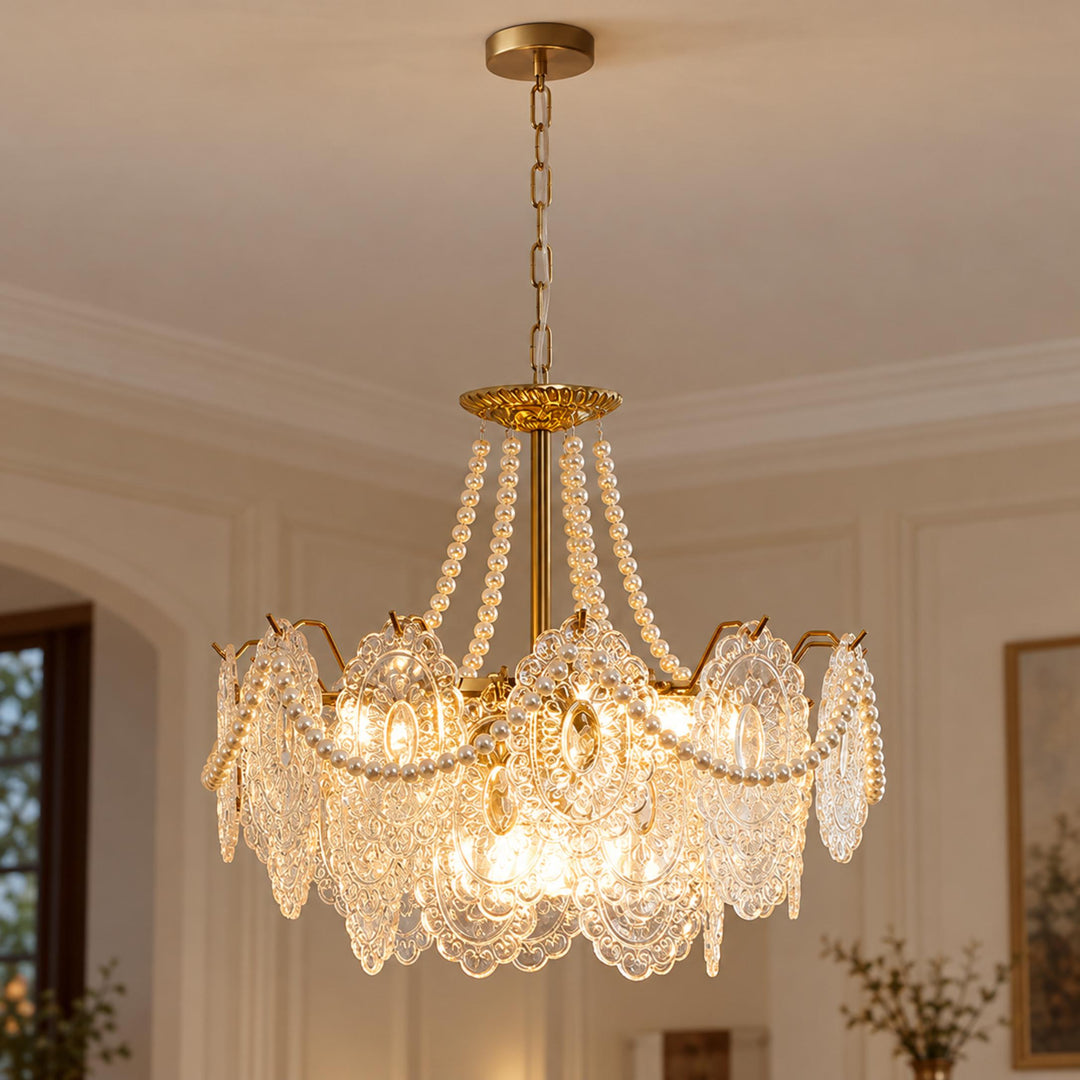 Modern Glass Chandelier Light Pendant Fixture Ceiling Mounted with Pearl Accents for Ambient Illumination