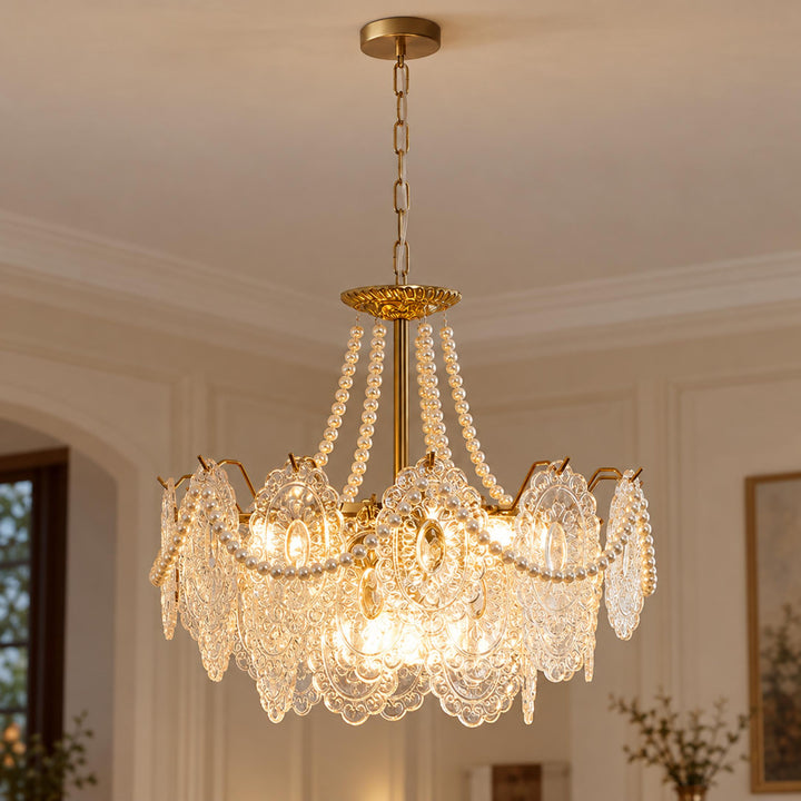 Modern Glass Chandelier Light Pendant Fixture Ceiling Mounted with Pearl Accents for Ambient Illumination