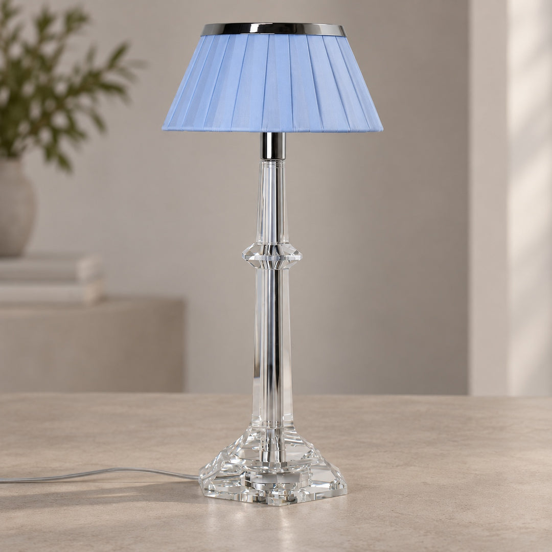 Modern Table Lamp Adjustable Height LED Edge Lighting Chrome Fabric Shade K9 Crystal Base