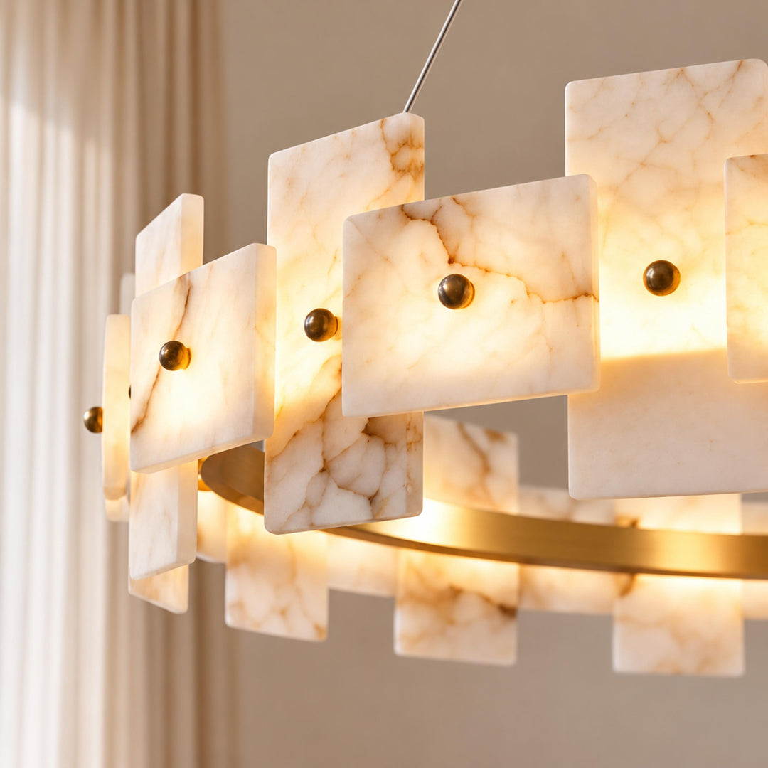 Modern Chandelier Hanging Light with Metal Frame and White Alabaster Panels Integrated LED
