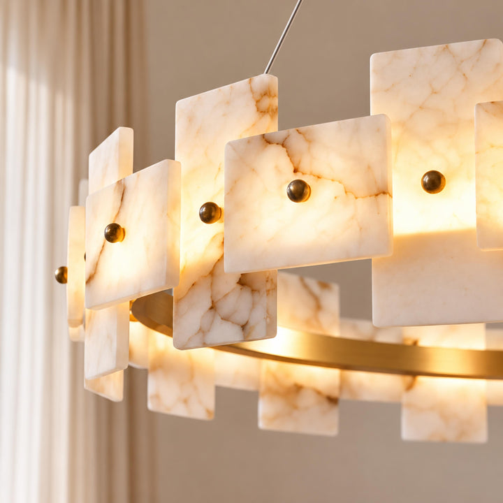 Modern Chandelier Hanging Light with Metal Frame and White Alabaster Panels Integrated LED