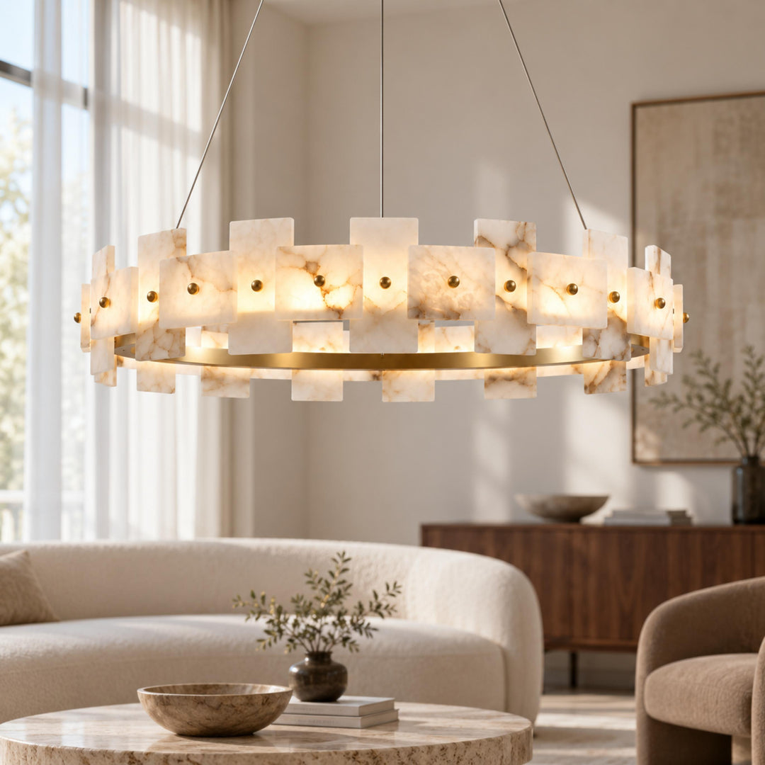 Modern Chandelier Hanging Light with Metal Frame and White Alabaster Panels Integrated LED