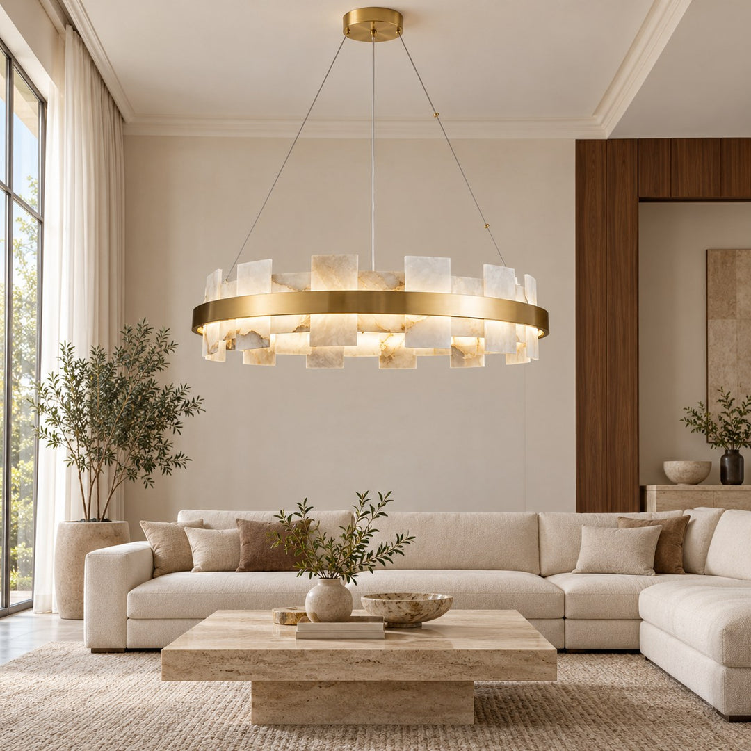 Modern Chandelier Hanging Light with Metal Frame and White Alabaster Panels Integrated LED