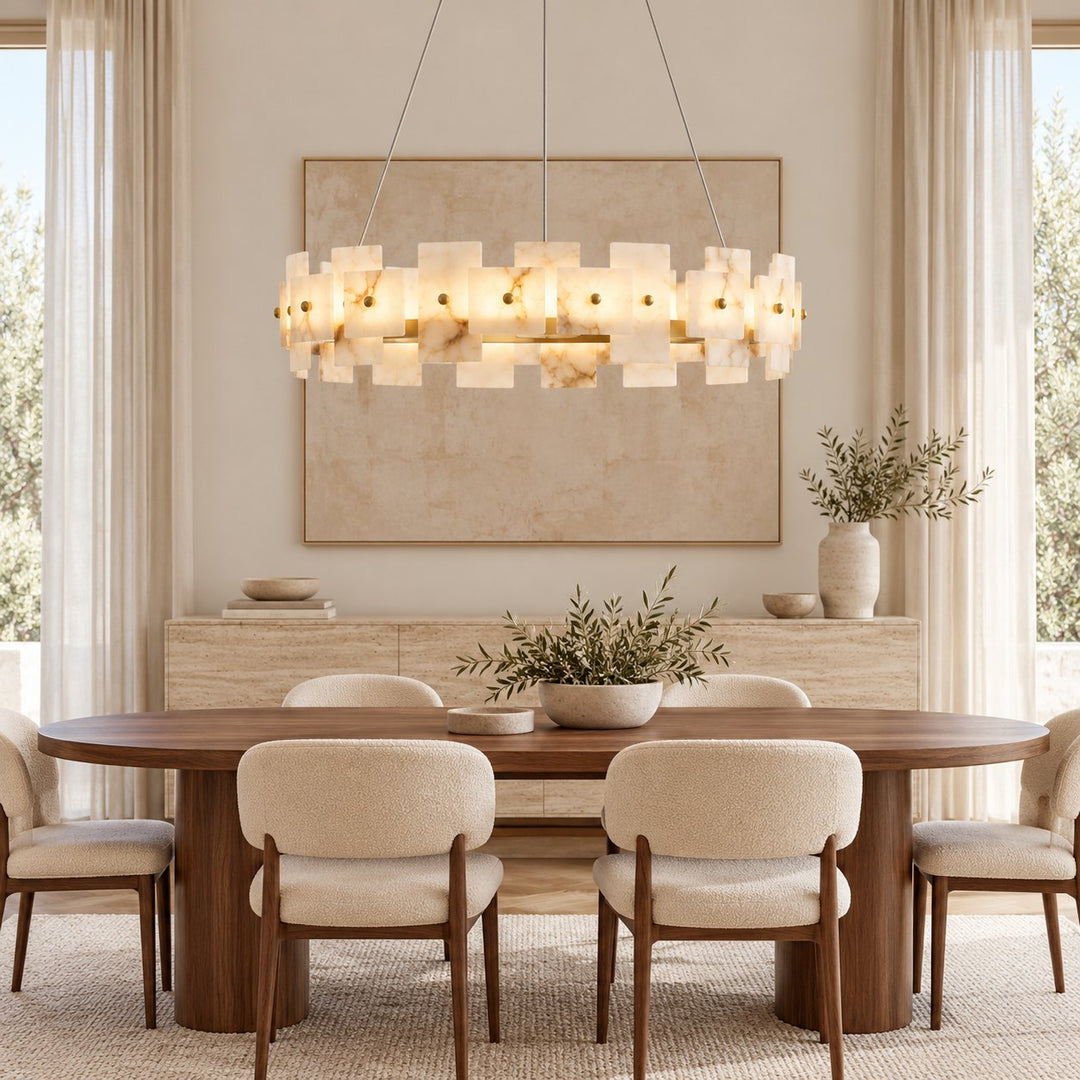 Modern Chandelier Hanging Light with Metal Frame and White Alabaster Panels Integrated LED