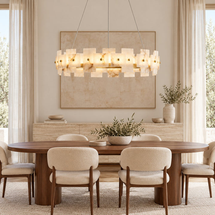 Modern Chandelier Hanging Light with Metal Frame and White Alabaster Panels Integrated LED