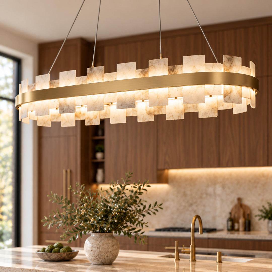 Modern Chandelier Hanging Light with Metal Frame and White Alabaster Panels Integrated LED