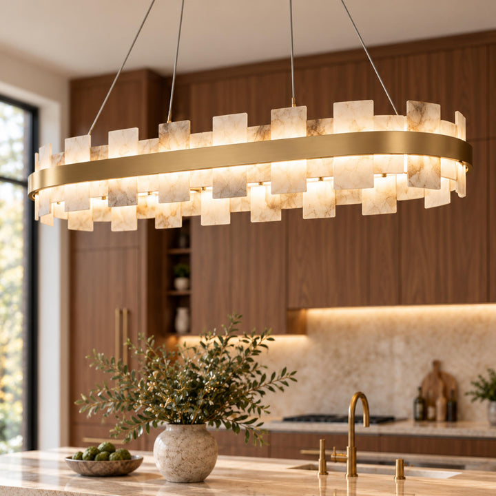 Modern Chandelier Hanging Light with Metal Frame and White Alabaster Panels Integrated LED