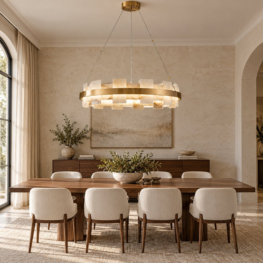 Modern Chandelier Hanging Light with Metal Frame and White Alabaster Panels Integrated LED