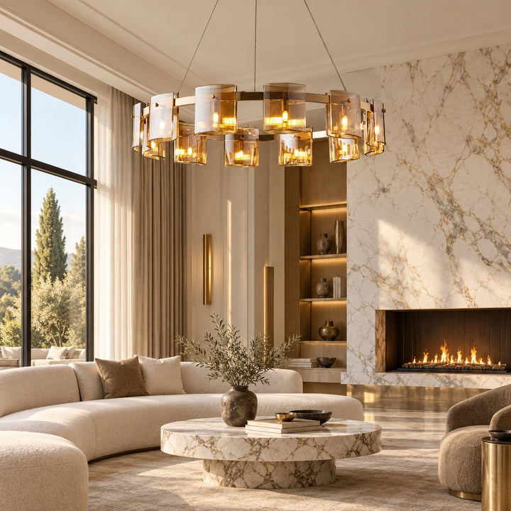 Modern Chandelier Ceiling Light Adjustable Height Metal and Glass LED Indoor Fixture