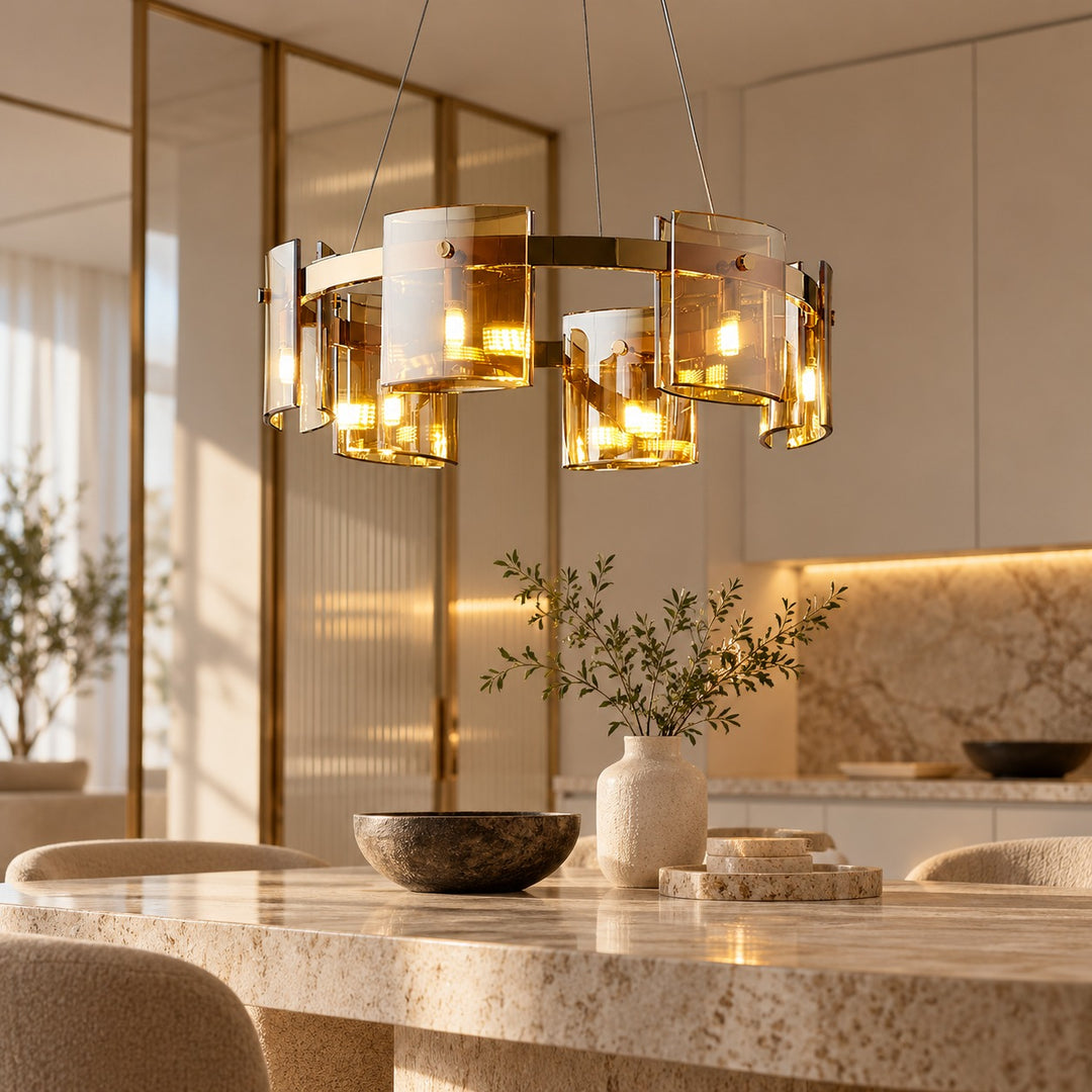 Modern Chandelier Ceiling Light Adjustable Height Metal and Glass LED Indoor Fixture