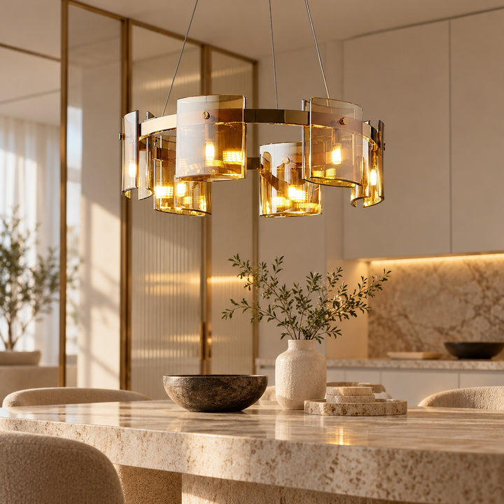 Modern Chandelier Ceiling Light Adjustable Height Metal and Glass LED Indoor Fixture