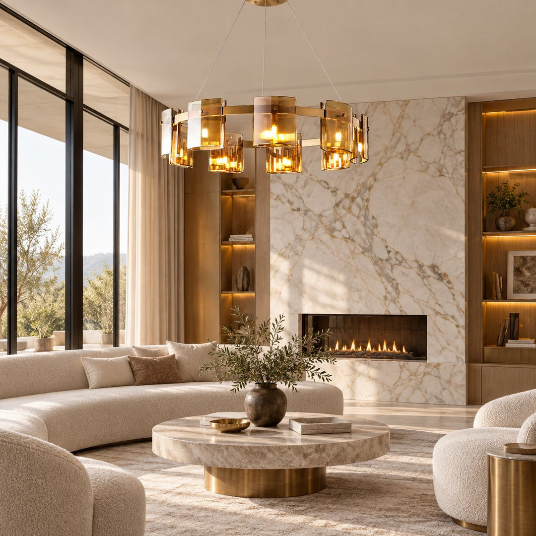 Modern Chandelier Ceiling Light Adjustable Height Metal and Glass LED Indoor Fixture
