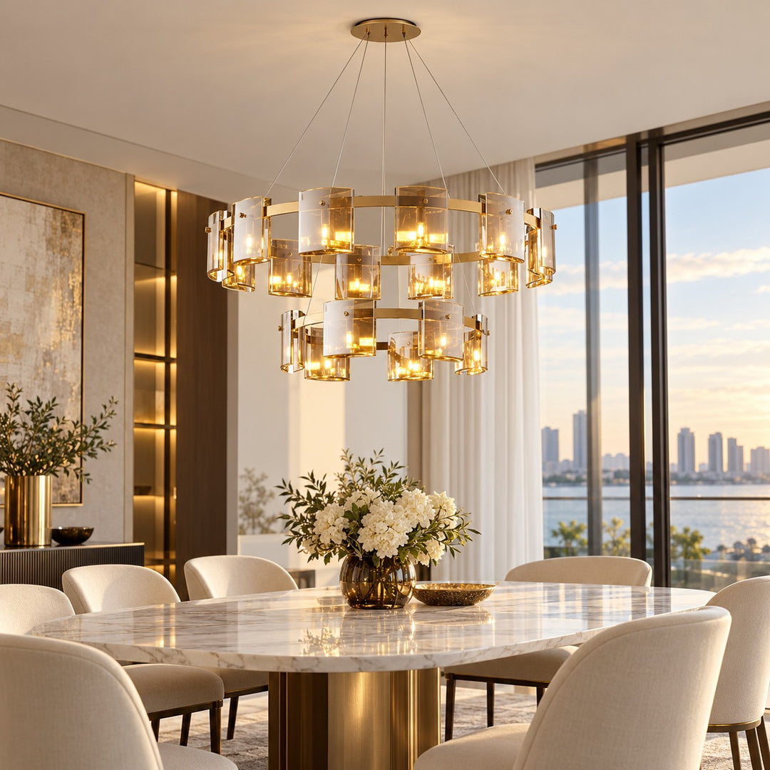 Modern Chandelier Ceiling Light Adjustable Height Metal and Glass LED Indoor Fixture