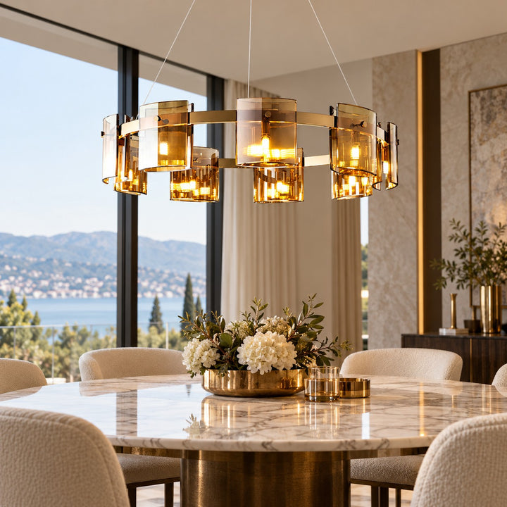 Modern Chandelier Ceiling Light Adjustable Height Metal and Glass LED Indoor Fixture