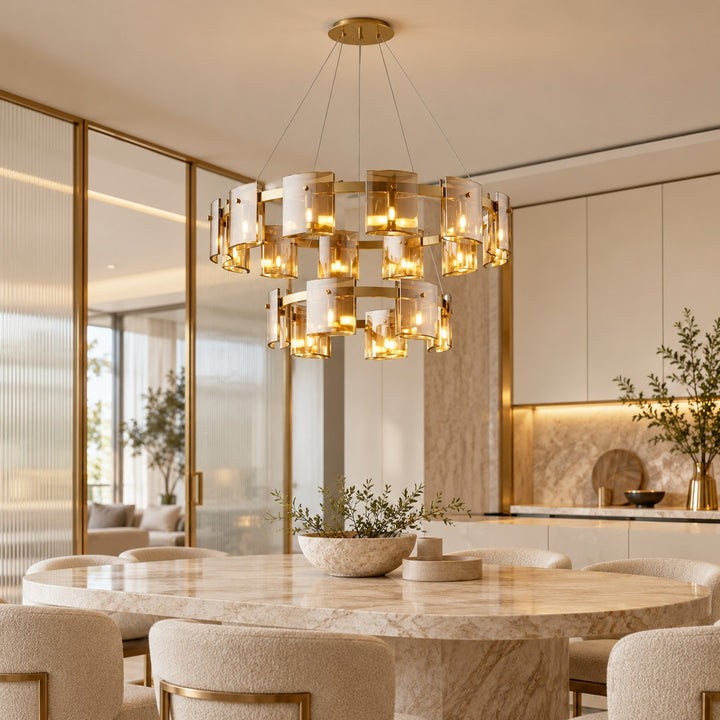 Modern Chandelier Ceiling Light Adjustable Height Metal and Glass LED Indoor Fixture