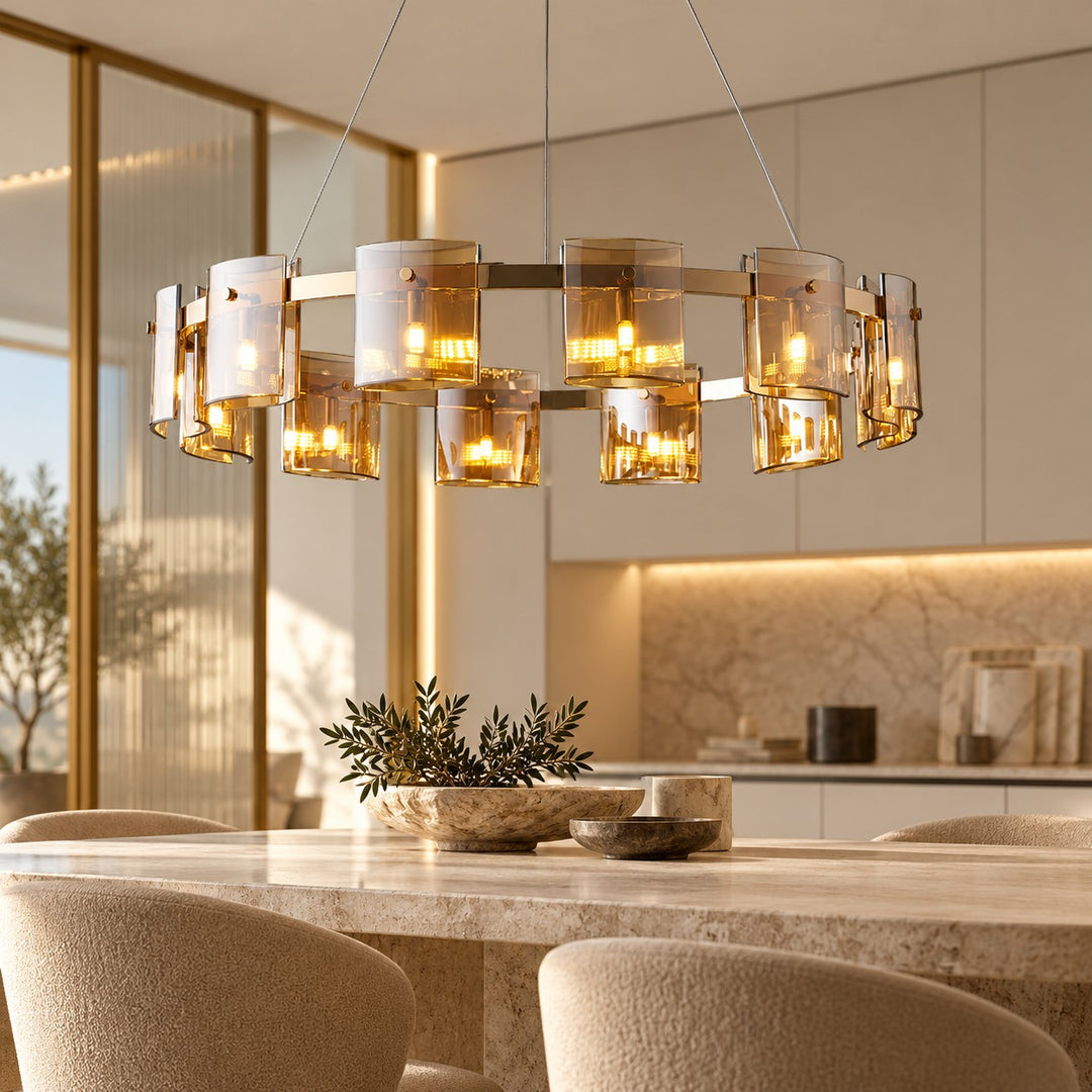 Modern Chandelier Ceiling Light Adjustable Height Metal and Glass LED Indoor Fixture