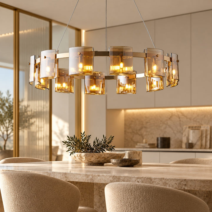 Modern Chandelier Ceiling Light Adjustable Height Metal and Glass LED Indoor Fixture