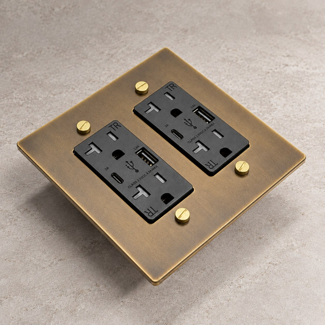 Solid Brass 20A Electrical Outlet with USB-A & USB-C – 1–4 Gang