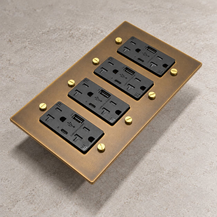 Solid Brass 20A Electrical Outlet with USB-A & USB-C – 1–4 Gang
