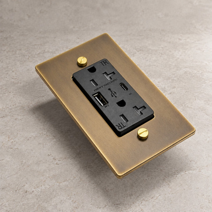 Solid Brass 20A Electrical Outlet with USB-A & USB-C – 1–4 Gang