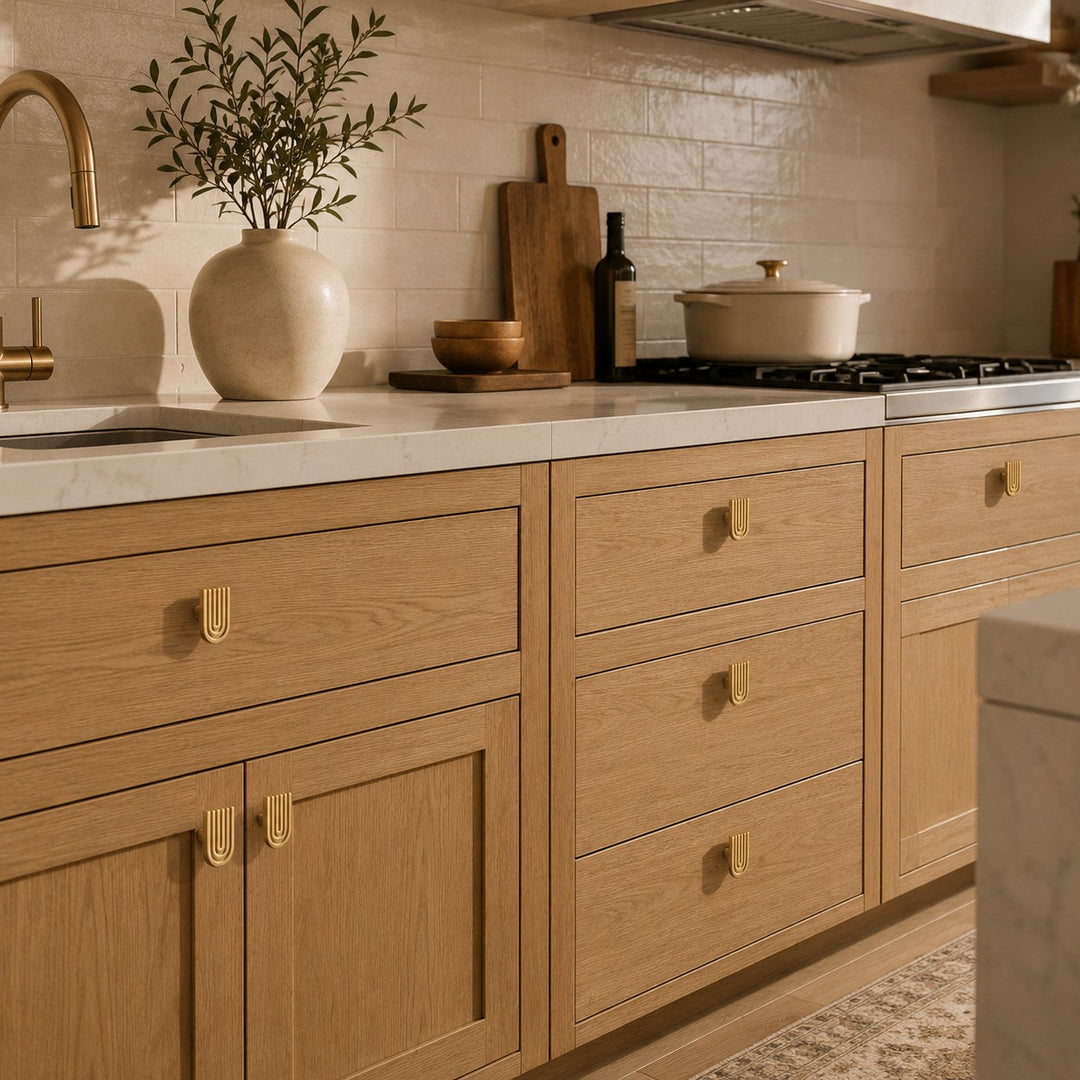 Art Deco Solid Brass Cabinet Knobs and Drawer Pulls with Rounded Edges for Modern Vintage Style