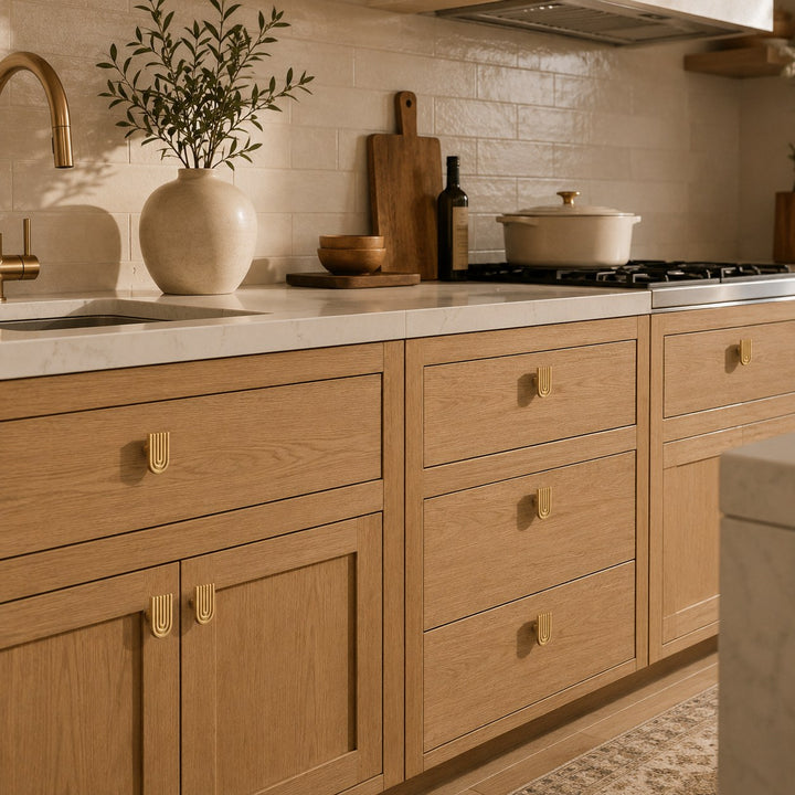 Art Deco Solid Brass Cabinet Knobs and Drawer Pulls with Rounded Edges for Modern Vintage Style