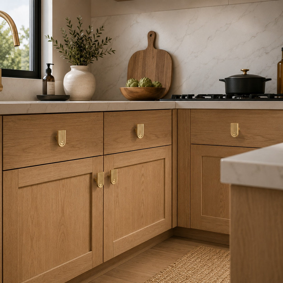 Art Deco Solid Brass Cabinet Knobs and Drawer Pulls with Rounded Edges for Modern Vintage Style
